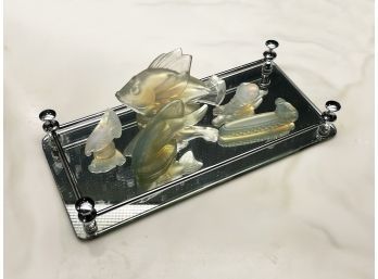 Art Glass Fish On A Mirrored Tray