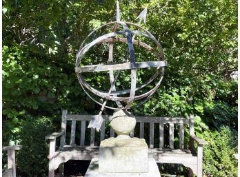 A Vintage Cast Iron Armillary Sphere On Cast Stone Base