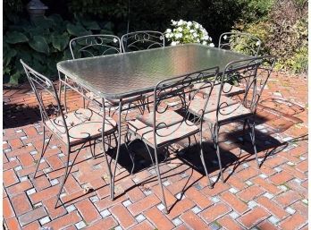 A Vintage Wrought Iron Glass Top Dining Table And 6 Chairs, Possibly Woodard