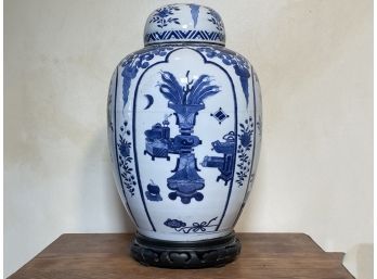 A Large Antique Chinese Export Salt Glazed Ceramic Ginger Jar On Rosewood Base