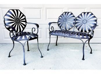 An Art Deco Patio Set Of A 'Sunburst' Chair And Settee By Francoise Carre