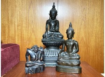 Antique Hindu Bronzes And A Wood Carving