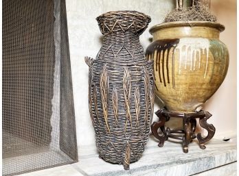 A Japanese Wicker Vase With Brass Insert