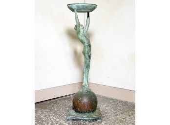 A Deco Inspired Bronze Statue Base Marble Cocktail Table