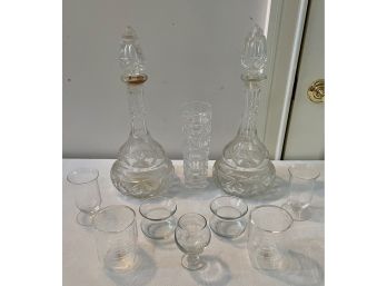 Lot Of Assorted Glassware Including Vintage Cut Glass Decanters And  Ages & Ore Hand Blown Glasses