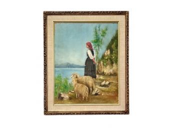 Vintage Oil On Canvas Attached To Board Of Woman With Sheep