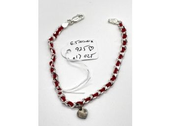 6.5 Inch Italian Sterling Bracelet With Heart & Red Yarn