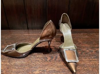 Prada Pointed Toe Copper Open Cut Pumps, Size 36.5