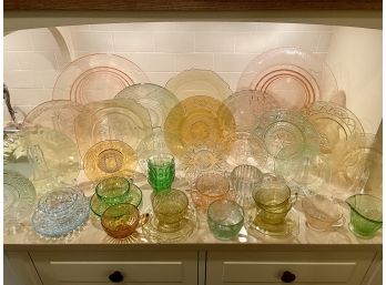 Large Collection (40 Pieces) Of Depression Glass In Pale Pink, Green, Yellow & Blue