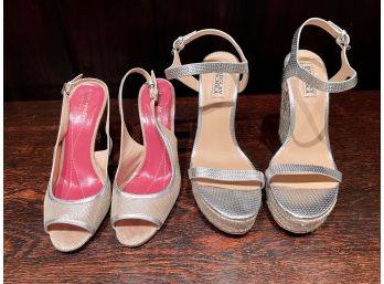 Kate Spade Mesh Sling Backs, Size 6.5 & Badgley Mischka Silver Metallic Wedge Sandals, Size 7