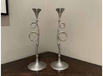 Pair Of L'Objet Evoca Silver Tone Metal Candlesticks