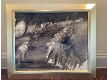 Abstract Black & White Oil Of A Horse On A Trail, Custom Framed