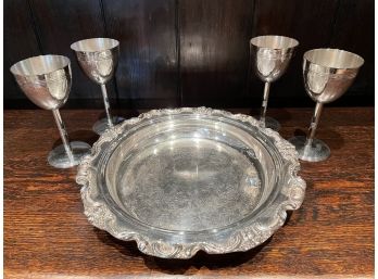 Four Elegant Christofle Kiddush Cups With Silver Plated Tray, Retail $2000