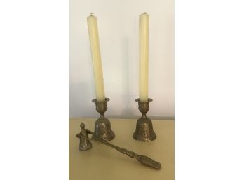 Pair Of Brass Bell/Candlesticks & Brass Snuffer