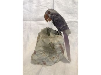 Beautifully Carved Amethyst Parrot On Natural Stone