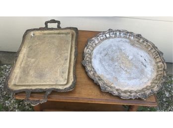 Two Very Large Silver Plate Trays - One Has Paint On It