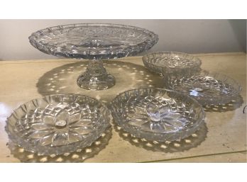Four Lead Crystal Plates And Pedestal Cake Plate