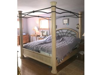 White Wash Wood & Metal King Sized Four Poster Bed