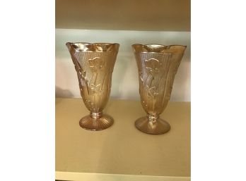 Two Gold Carnival Glass Vases