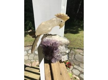 Large Beautifully Carved Bird Of Paradise On Natural Purple Stone