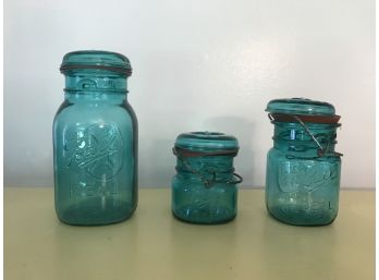 Three Glass Ball Jars, Teal