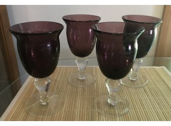 Four Purple Blown Glass Wine Goblets