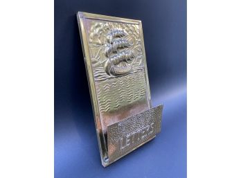 Vintage Repousse Brass Letter Holder, Wall Hung