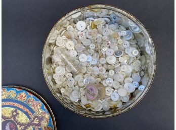 A Vintage Hostess Fruit Cake Tin, Full Of Vintage White Buttons