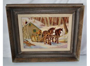 Jim Laconte Oil On Canvas Painting Horse Sleigh Scene