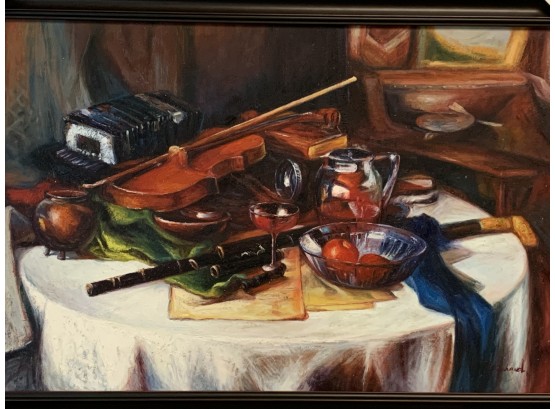 Contemporary 0il On Canvas Depicting A Violin Still Life