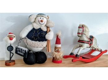 4 Cute Christmas Figures, Snow Man, Rocking Horse, Mini Santa With Cap, And Skinny Santa With Red Nose