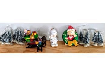 Mini Christmas Trees (10), 2 Ornaments And Sant's Elves Loading The Sleigh