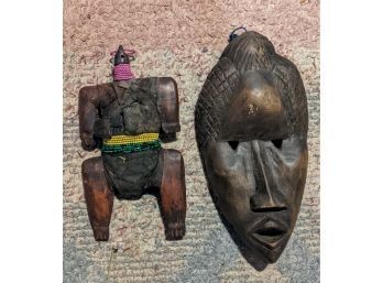 Fabulous Indonesian Carved Woman's Head Mask And Ghana Africa Doll Decorated With Colored Beads