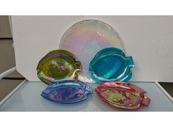 Iridescent Round Platter And 4 Colorful Fish Plates