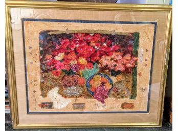 Vibrant Large Original Mixed Media Painting Of Flowers And Cornucopia Illegibly Signed, But Beautifully Framed