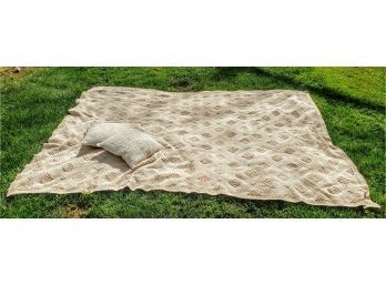 Cream Colored Vintage Cotton Knit Handmade Blanket With Two Beautiful  Decorative Pillows