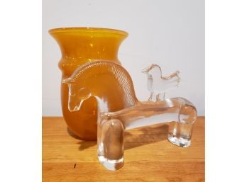 Pretty Glass Horse With Bird And Butterscotch Colored Glass Vase