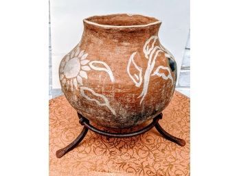 Vintage Indigenous Clay Urn  Painted With Sunflower Design And Wrought Iron Base