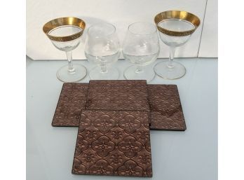 4 Anthropologie Coasters Plus 4 Cordial Glasses 2 With Gold Trim