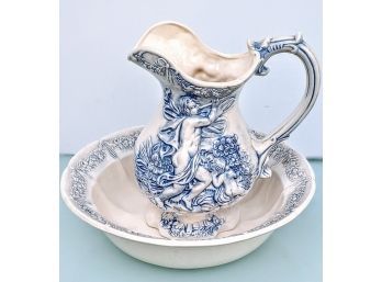 Blue And White Wash Basin Set With Woman And Child Design