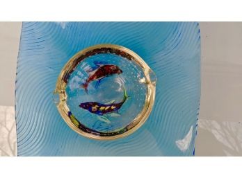 Blue, Square Platter With Modern Design And Glass Fish Bowl