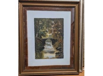 Antique Painting With Velvet Matt,  Of Old New England Bridge Scenic Painting