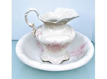 Pretty White Water Pitcher And Bowl With Floral Design Marked C.P. Marquette Co