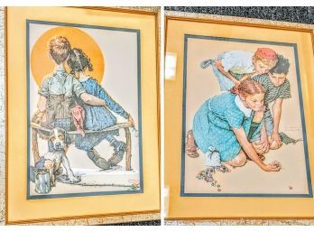 Two Normal Rockwell Vintage Prints  'Boy And Girl Gazing At The Moon (Puppy Love)'  And 'Marble Champion'