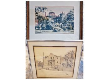 Wood Framed Vintage Print Of Elmira College In Elmira, NY And Etching Of Fort By B. R. Cutler