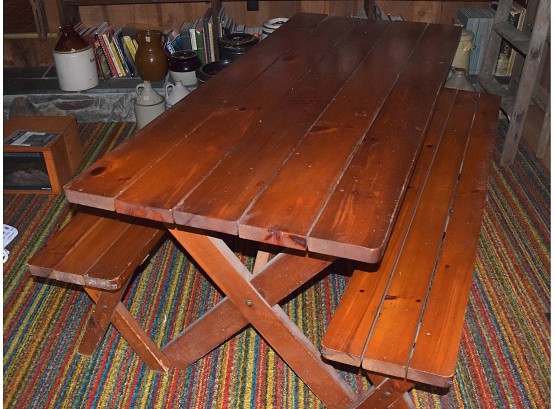 Child-Size Vintage Knotty Wood Picnic Table And Matching Benches