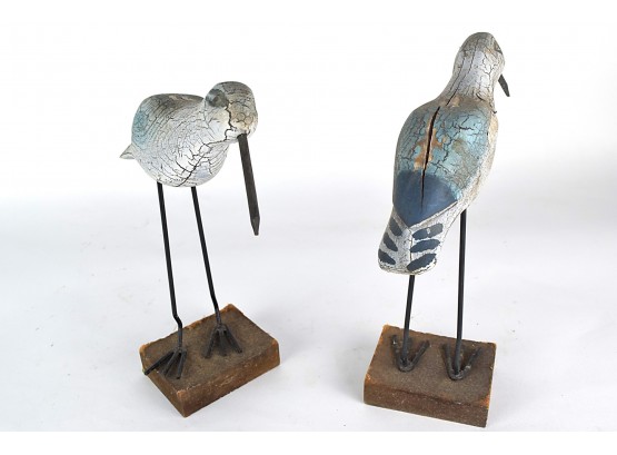 Pair Of Two Antique Hand Carved Painted Shore Bird Figures
