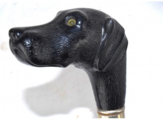 Large Bakelite Dog Head Antique Wood/Silver Collar Cane Glass Eyes