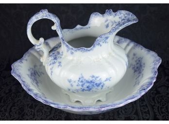 Antique 1891-1914 Marcotte Flow Blue Pitcher/Wash Bowl; W.H. Grindley & Co. England