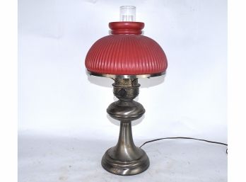 Vintage Hurricane Brass Lamp With Clear Chimney/Red Over Milk-Glass Shade